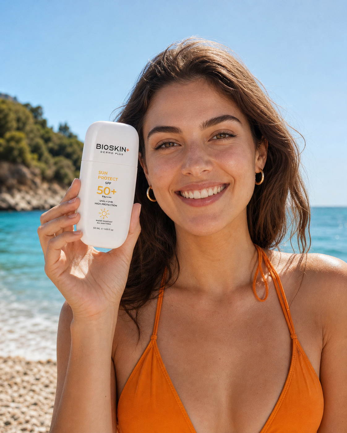 Sahilde BIOSKIN+ Sun Protect kullanan kadın
